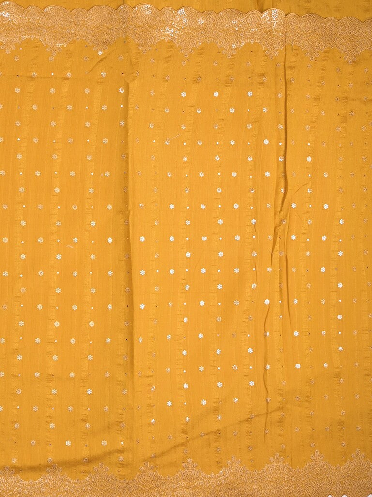 Kosa silk fancy saree golden yellow color allover mirror work & embroidery cutwork border with running pallu and attached blouse