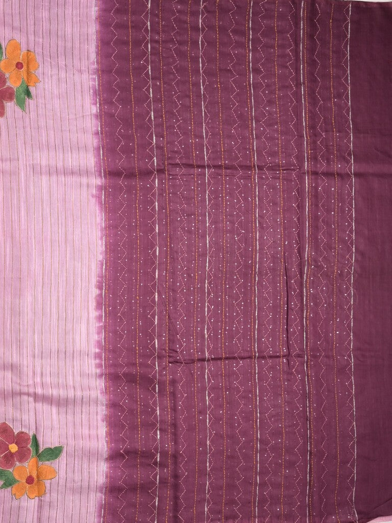 Bhagalpur fancy saree light pink color allover stripes, floral weaves with contrast pallu and attached contrast blouse