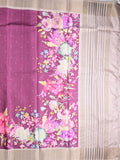 Tussar fancy saree purple color allover prints & zari border with short pallu and contrast printed blouse