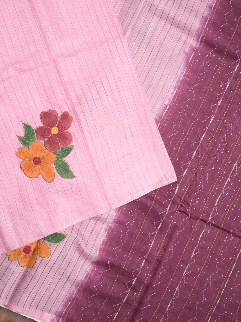 Bhagalpur fancy saree light pink color allover stripes, floral weaves with contrast pallu and attached contrast blouse