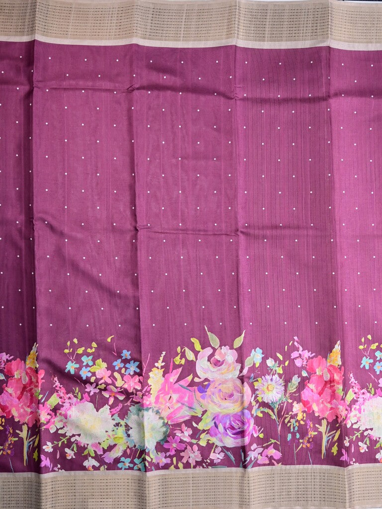 Tussar fancy saree purple color allover prints & zari border with short pallu and contrast printed blouse