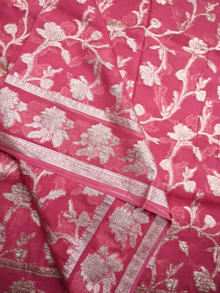 Kora georgette fancy saree pink color allover zari weaving & zari border with rich pallu and attached designery blouse