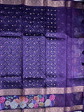 Organza tissue fancy saree ink blue color allover zari motifs & printed zari border with short pallu and printed blouse