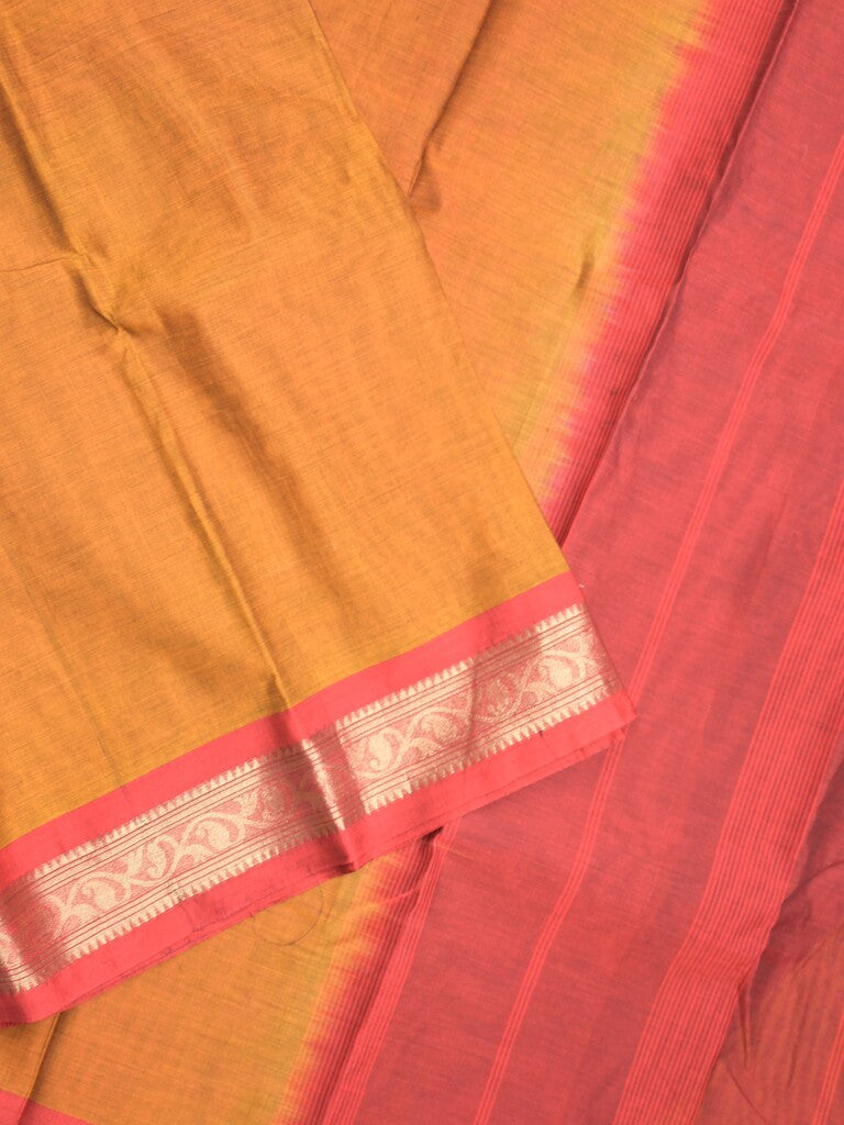 Dhaka cotton saree mustard yellow color allover plain & zari border with contrast plain pallu and plain blouse