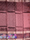 Organza tissue fancy saree brown color allover zari motifs & printed zari border with short pallu and printed blouse