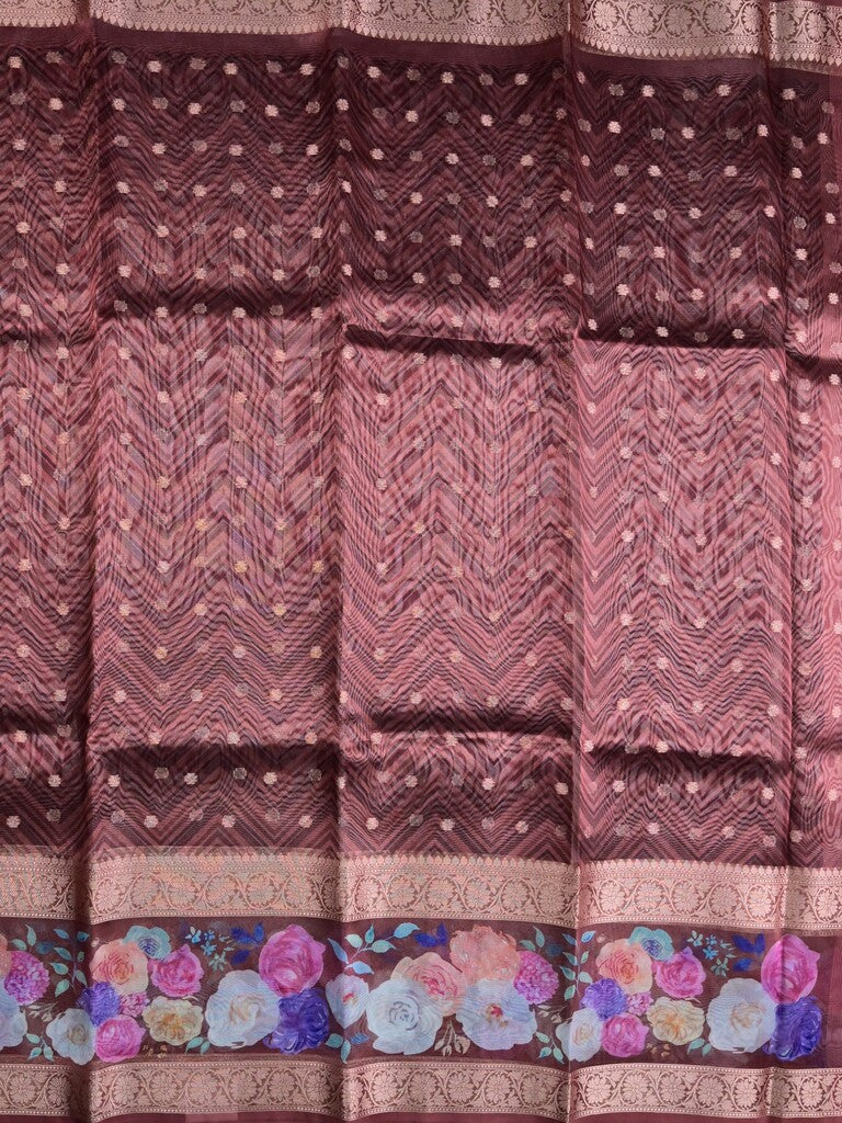 Organza tissue fancy saree brown color allover zari motifs & printed zari border with short pallu and printed blouse