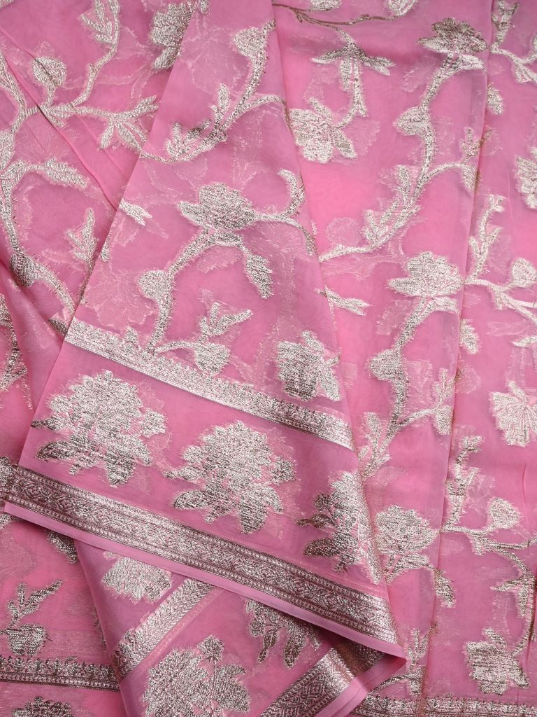 Kora georgette fancy saree baby pink color allover zari weaving & zari border with rich pallu and attached designery blouse