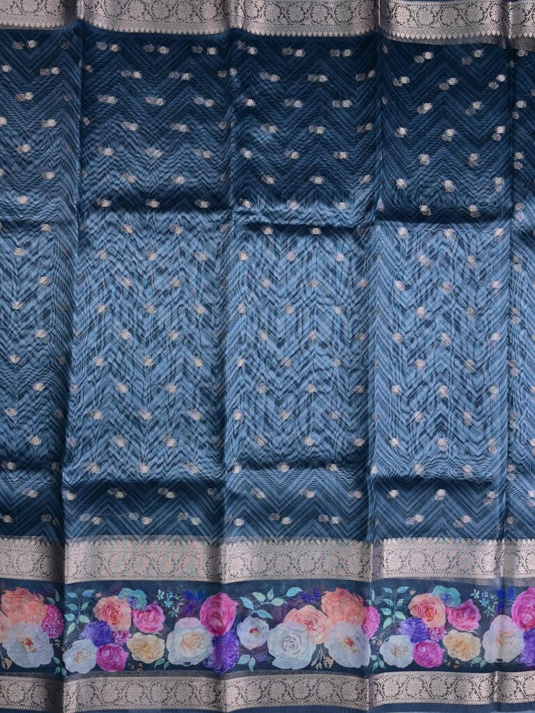 Organza tissue fancy saree navy blue color allover zari motifs & printed zari border with short pallu and printed blouse