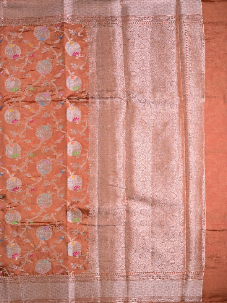 Raw mango silk fancy saree orange color allover zari weaves & zari border with short brocade pallu and attached blouse