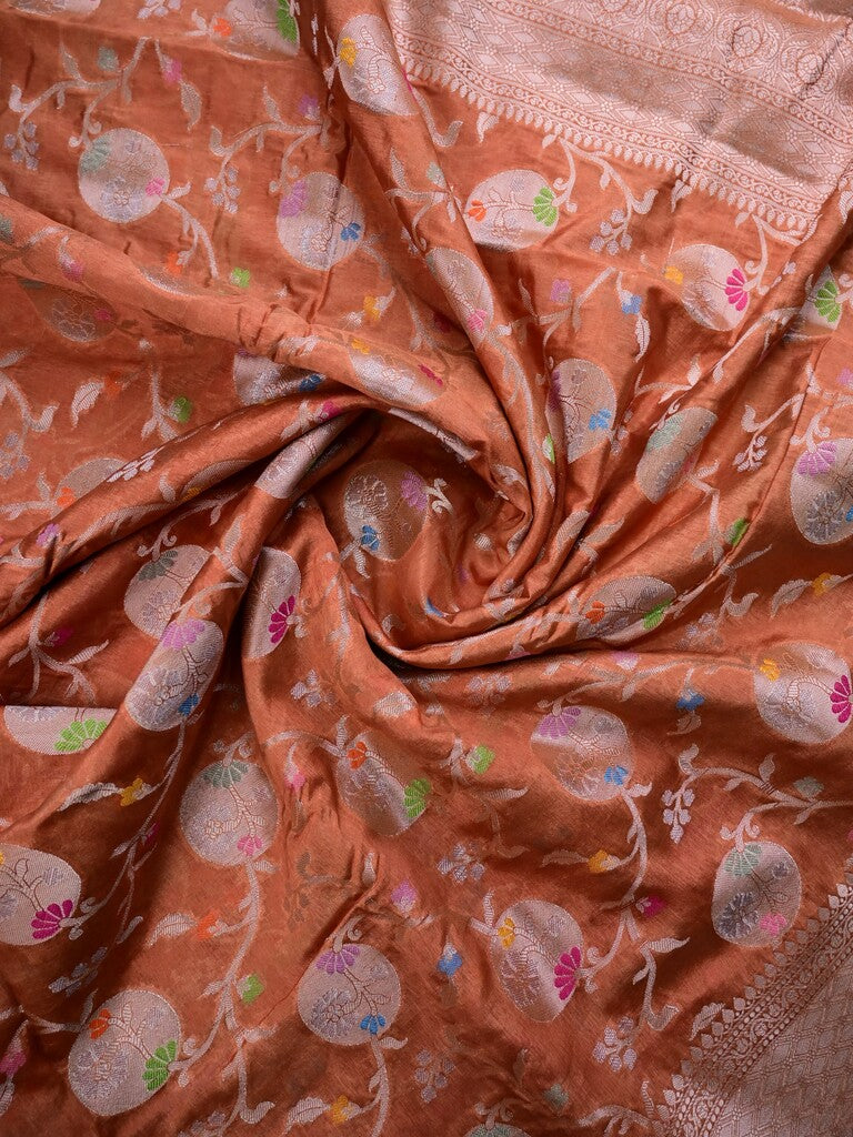 Raw mango silk fancy saree orange color allover zari weaves & zari border with short brocade pallu and attached blouse