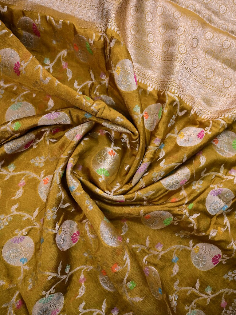 Raw mango silk fancy saree mustard yellow color allover zari weaves & zari border with short brocade pallu and attached blouse