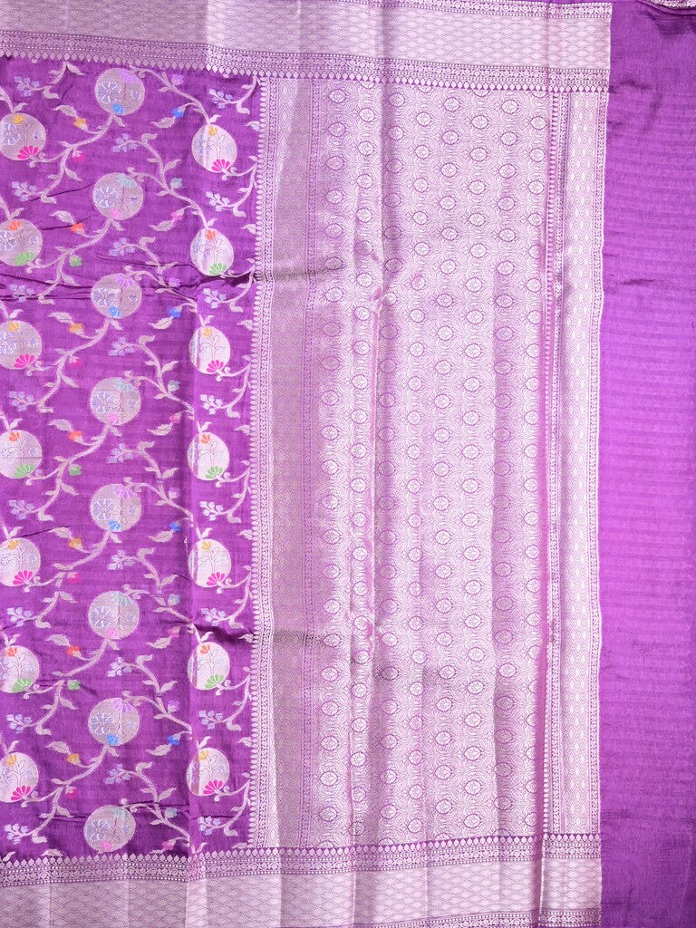 Raw mango silk fancy saree purple color allover zari weaves & zari border with short brocade pallu and attached blouse