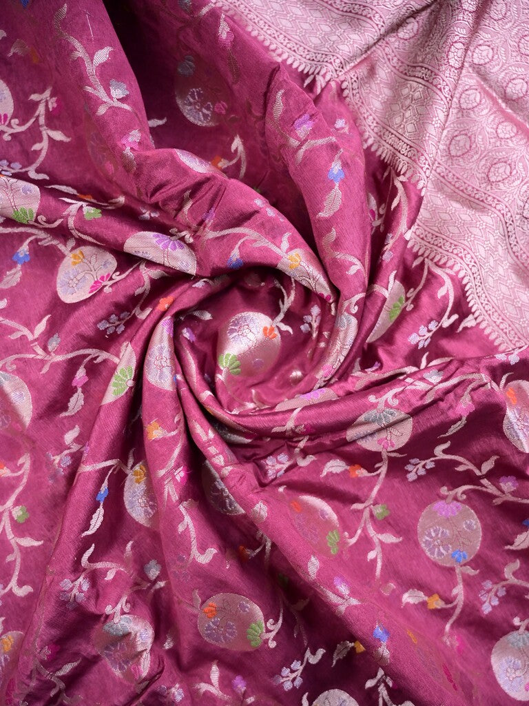 Raw mango silk fancy saree rose pink color allover zari weaves & zari border with short brocade pallu and attached blouse