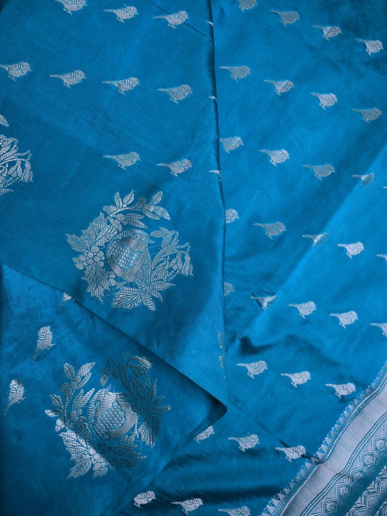 Raw mango silk fancy saree sky blue color allover zari weaves & zari border with short brocade pallu and brocade blouse