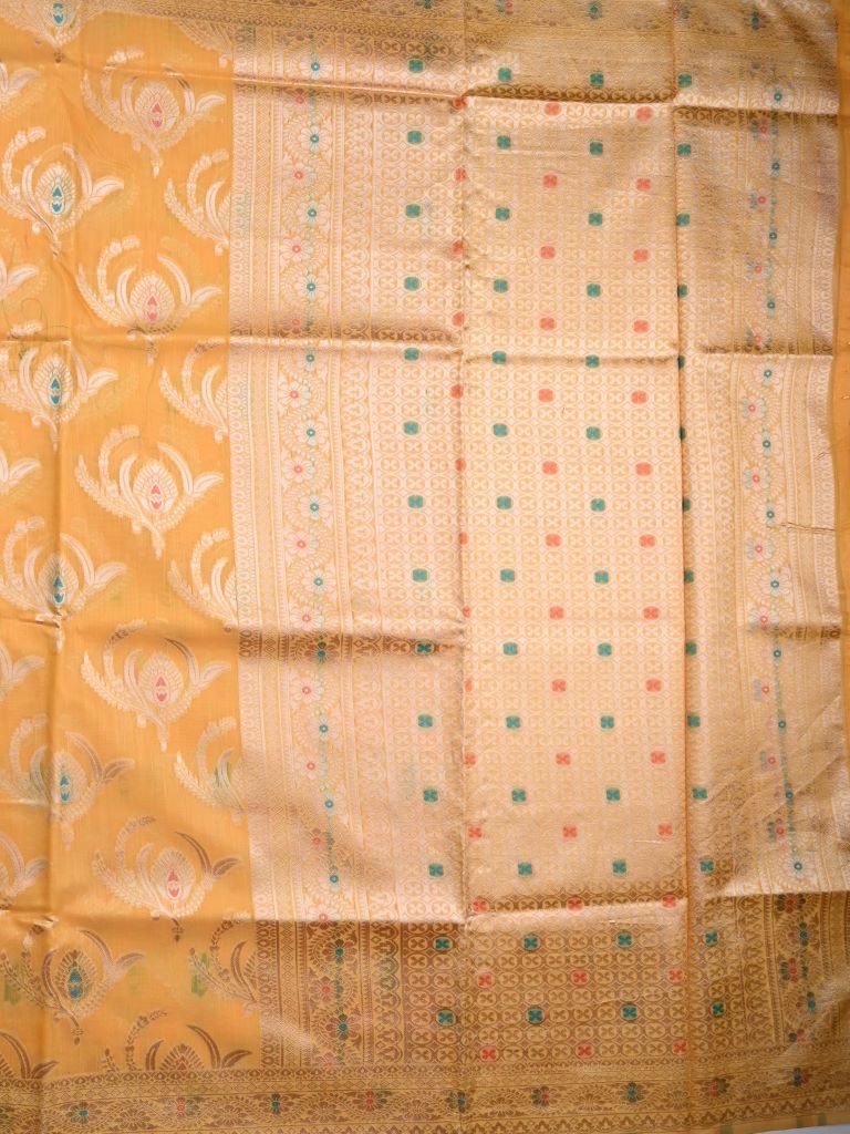 Chanderi jute fancy saree golden yellow color allover zari weaving & zari border with rich pallu and plain blouse