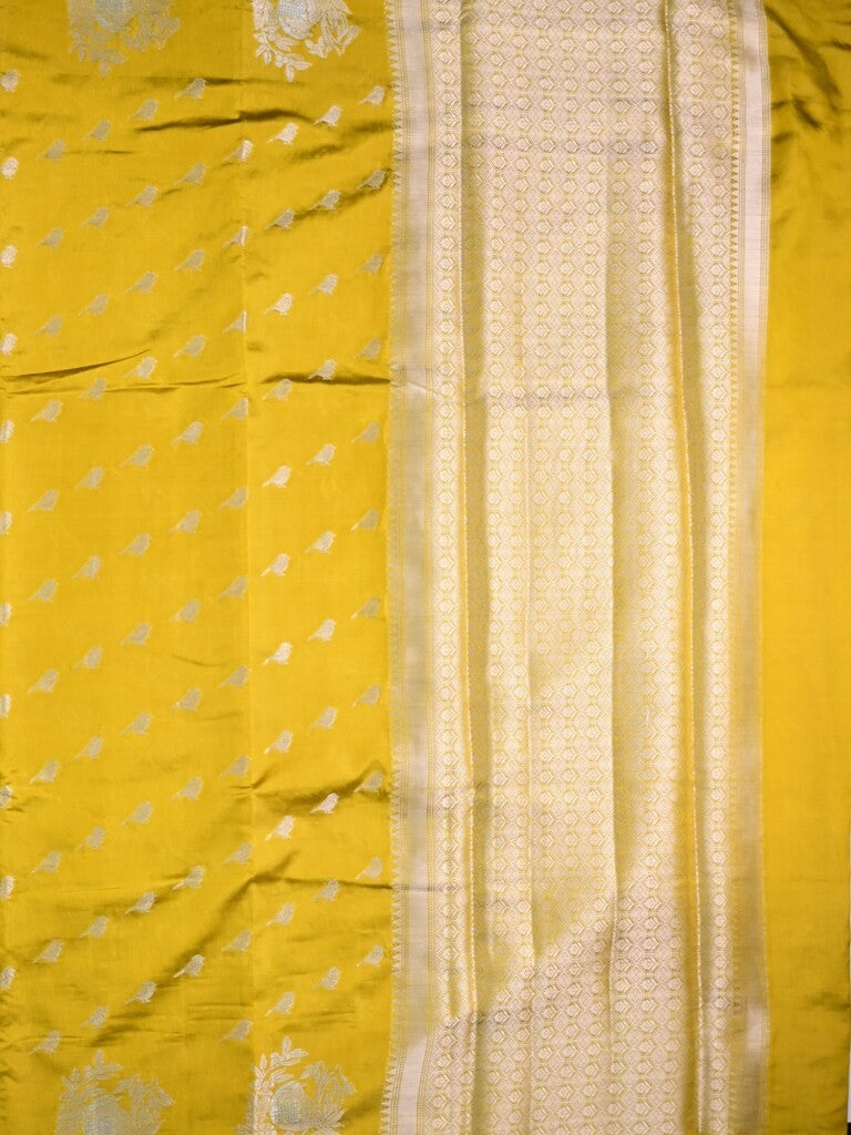 Raw mango silk fancy saree lemon yellow color allover zari weaves & zari border with short brocade pallu and brocade blouse