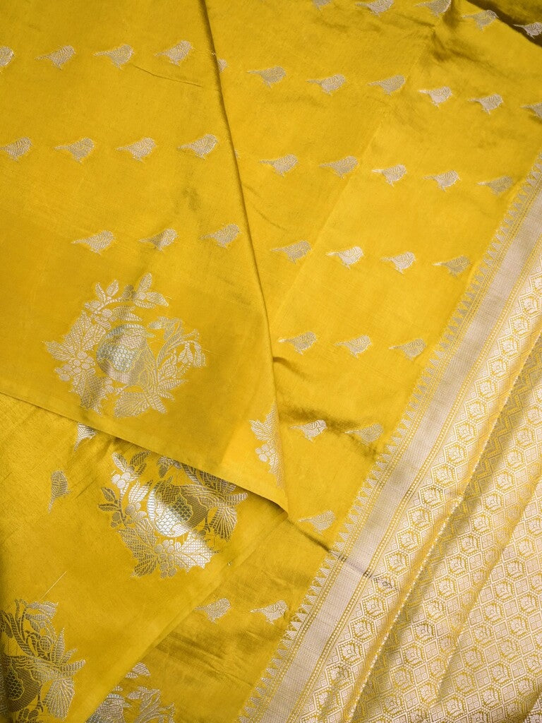 Raw mango silk fancy saree lemon yellow color allover zari weaves & zari border with short brocade pallu and brocade blouse