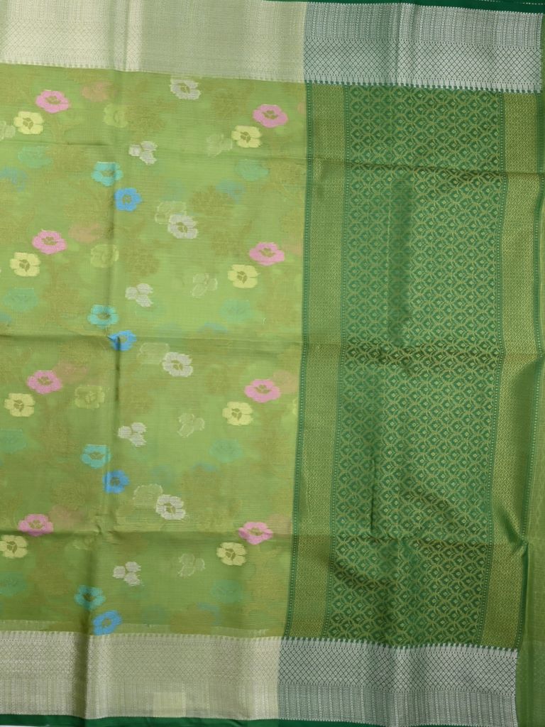 Kota fancy saree parrot green color allover zari weaves & plain kaddi border with short pallu and plain blouse