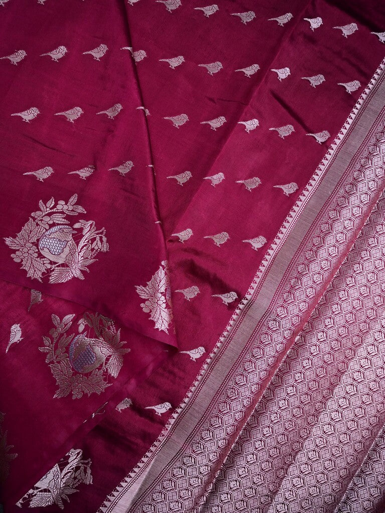 Raw mango silk fancy saree maroon color allover zari weaves & zari border with short brocade pallu and brocade blouse