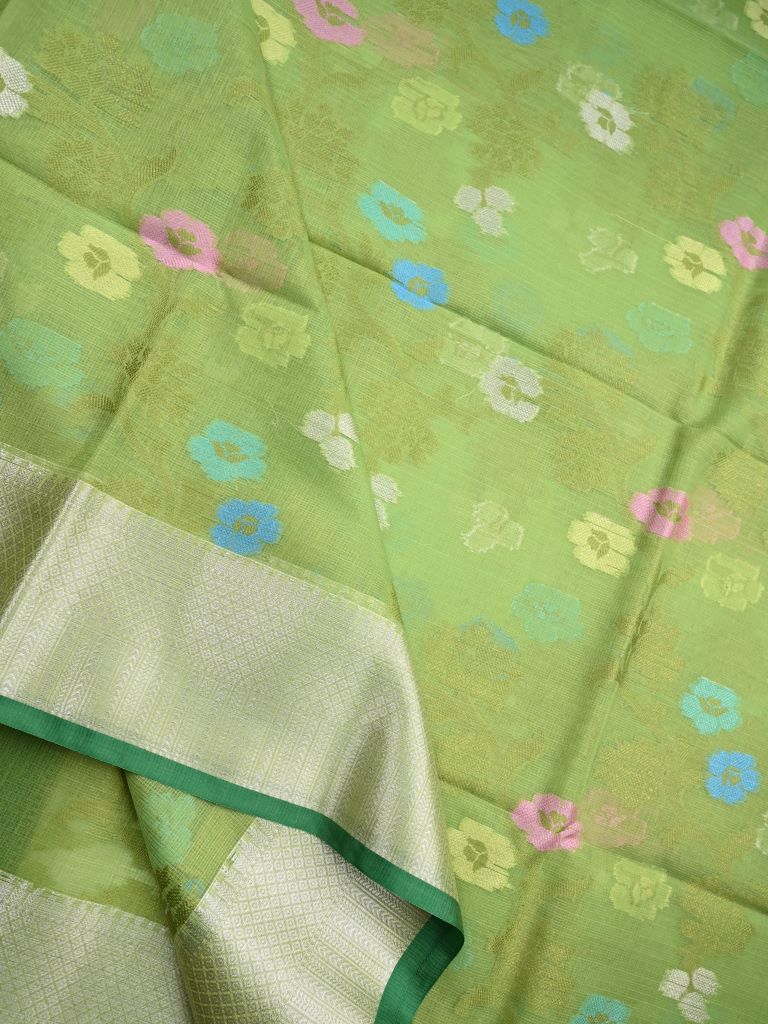 Kota fancy saree parrot green color allover zari weaves & plain kaddi border with short pallu and plain blouse