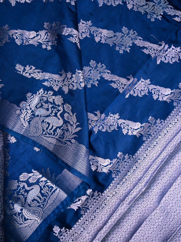 Raw mango silk fancy saree navy blue color allover zari weaves & zari border with short brocade pallu and brocade blouse