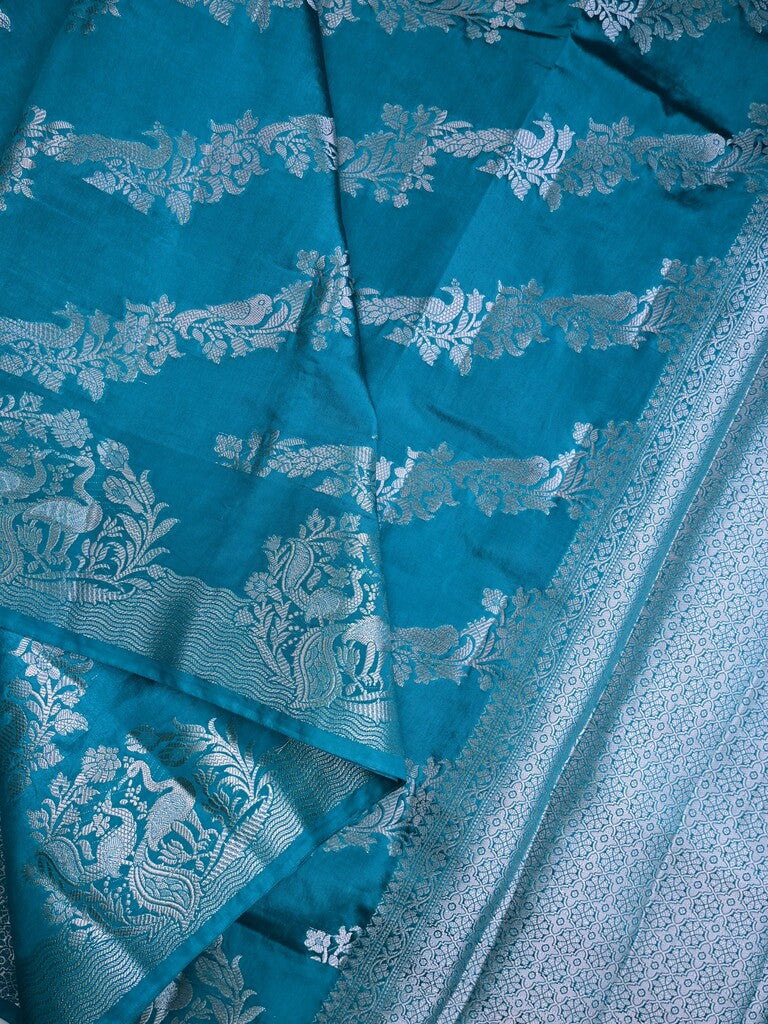 Raw mango silk fancy saree sky blue color allover zari weaves & zari border with short brocade pallu and brocade blouse