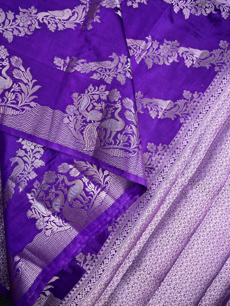 Raw mango silk fancy saree violet color allover zari weaves & zari border with short brocade pallu and brocade blouse