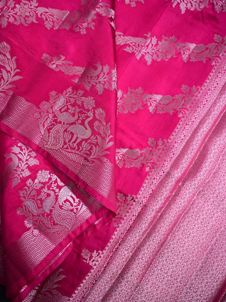 Raw mango silk fancy saree pink color allover zari weaves & zari border with short brocade pallu and brocade blouse