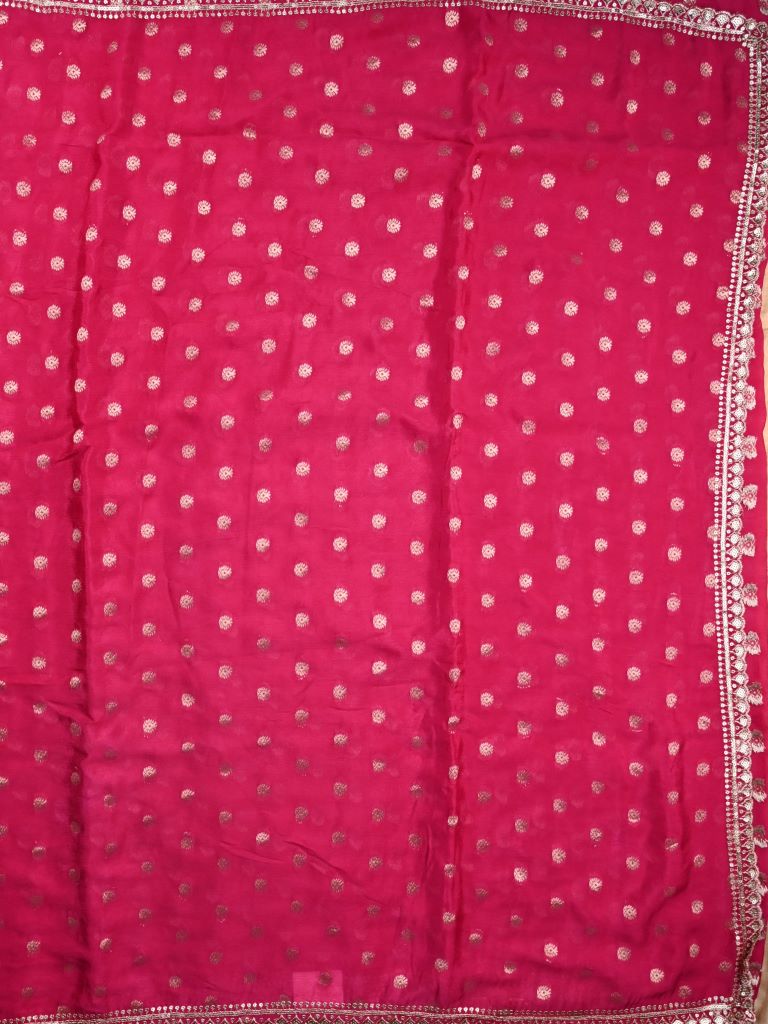 Chinnon fancy saree dark pink color allover gold zari motifs & fancy border with running pallu and contrast blouse with zari motifs