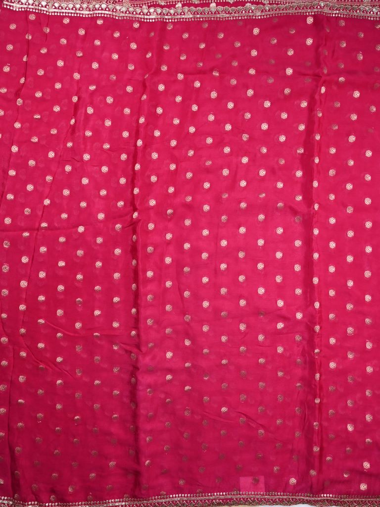 Chinnon fancy saree dark pink color allover gold zari motifs & fancy border with running pallu and contrast blouse with zari motifs