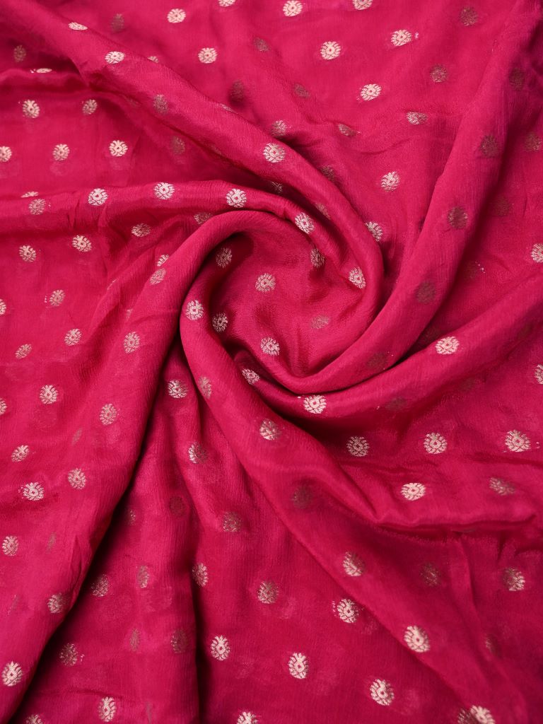 Chinnon fancy saree dark pink color allover gold zari motifs & fancy border with running pallu and contrast blouse with zari motifs