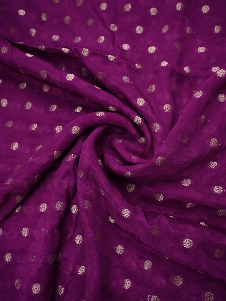 Chinnon fancy saree magenta color allover gold zari motifs & fancy border with running pallu and contrast blouse with zari motifs