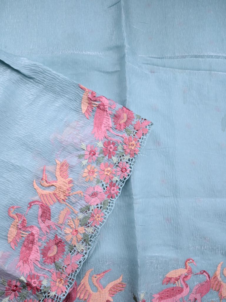Organza crush fancy saree sky blue color allover plain & embroidery border with running pallu and embroidery blouse