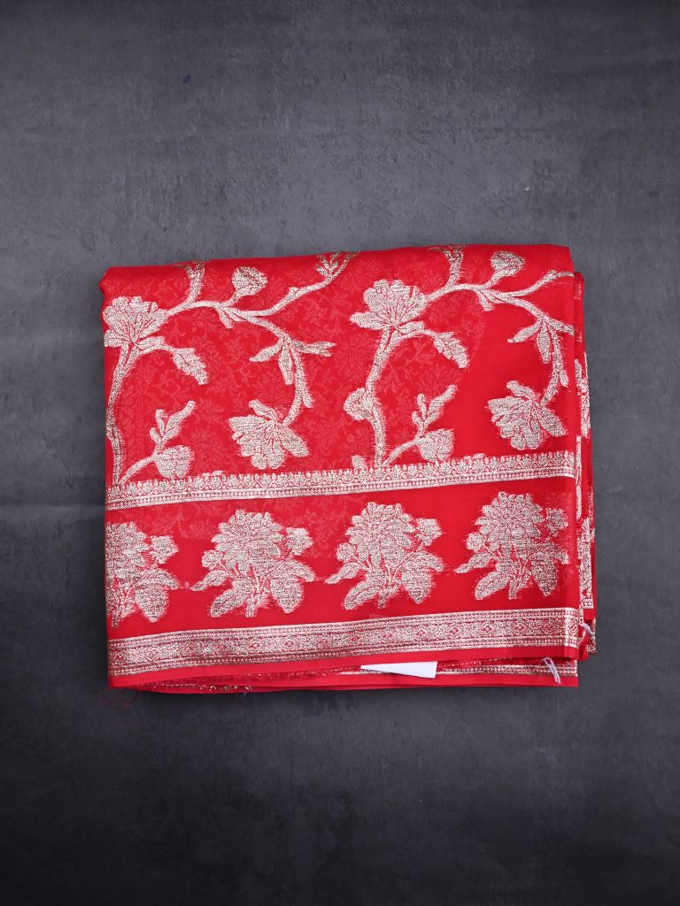 Kora georgette fancy saree red color allover zari weaving & zari border with rich pallu and attached designery blouse