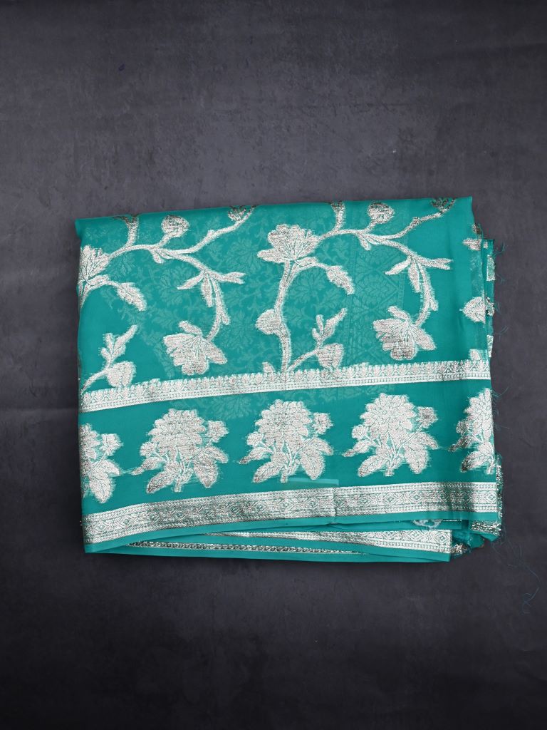 Kora georgette fancy saree lux green color allover zari weaving & zari border with rich pallu and attached designery blouse