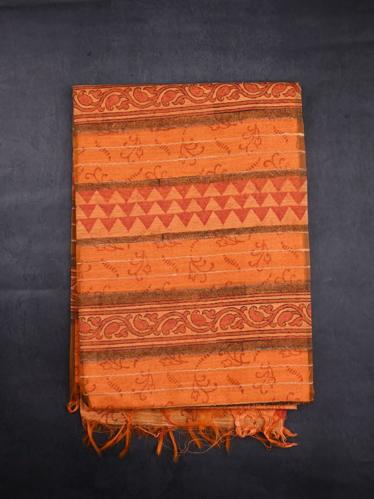 Chanderi jute fancy saree orange color allover stripes with prints & temple border with printed pallu and printed blouse