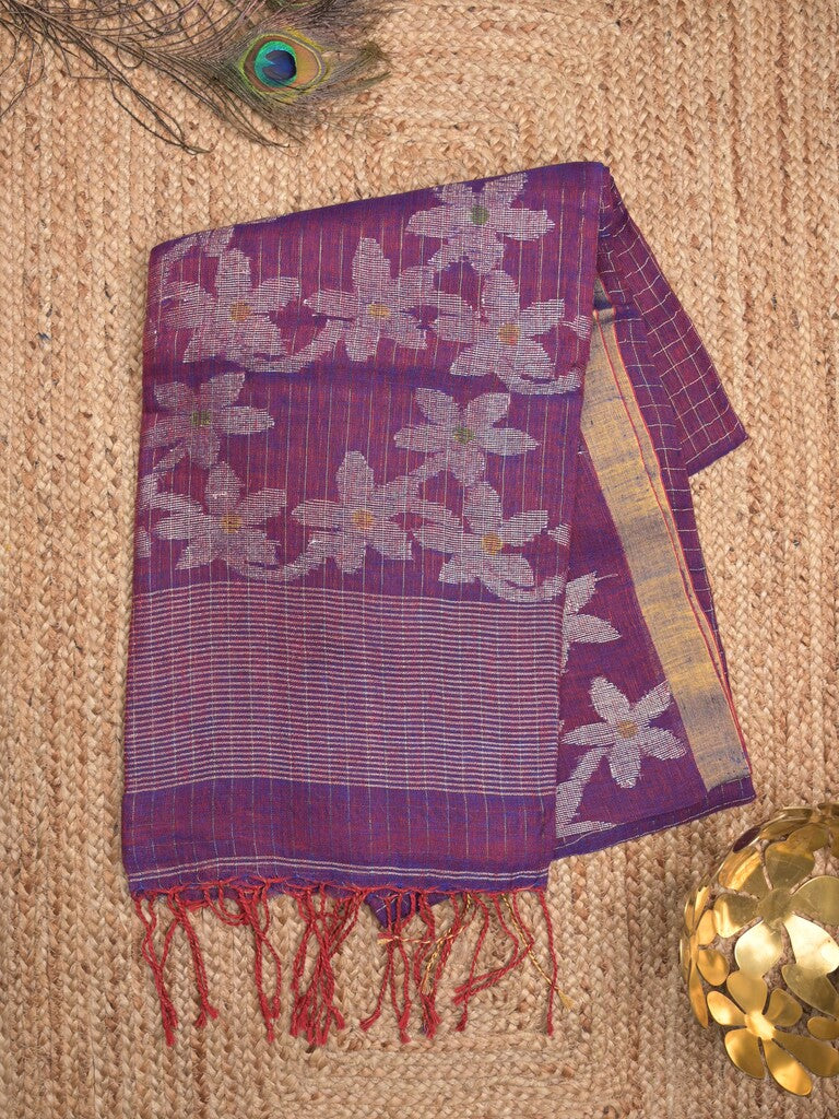 Jute lenin fancy saree dark purple color allover checks & zari border with zari weaving pallu and attached self blouse