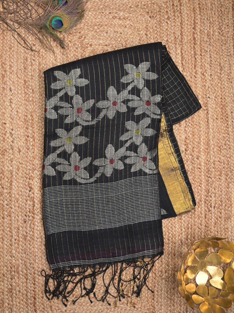 Jute lenin fancy saree black color allover checks & zari border with zari weaving pallu and attached self blouse