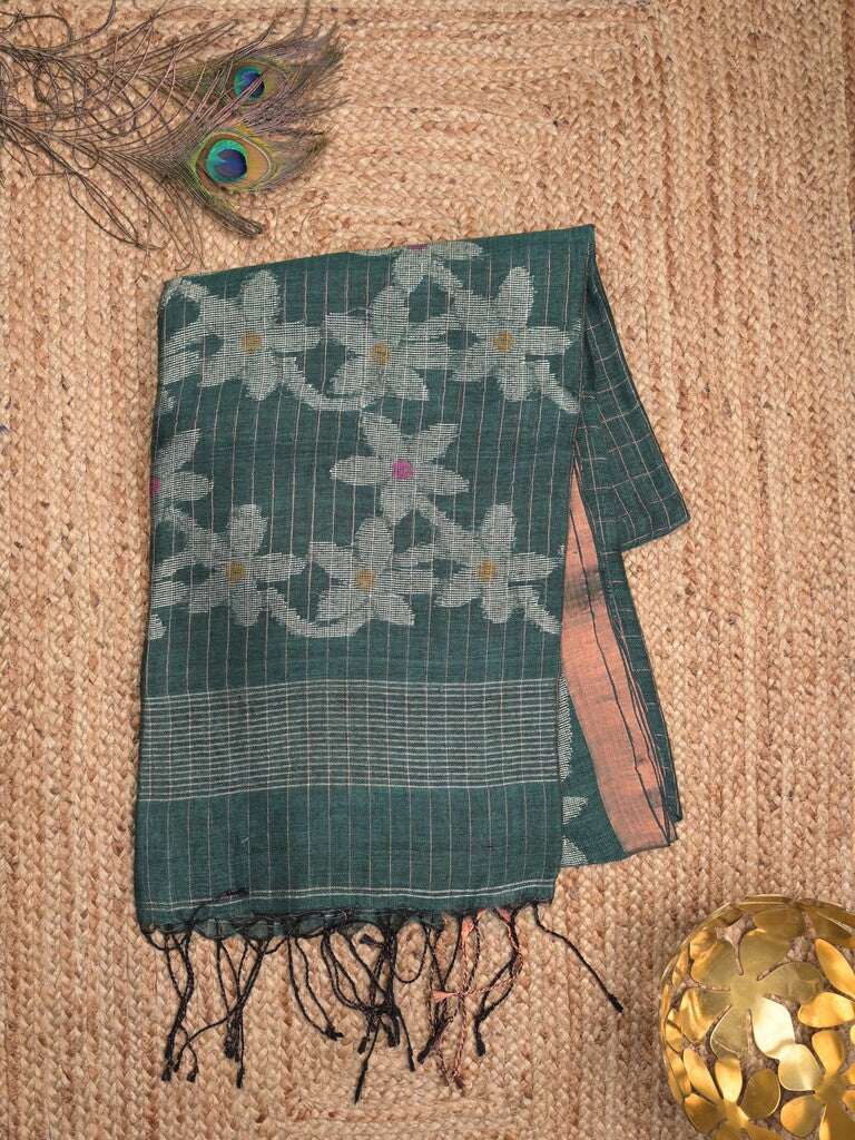 Jute lenin fancy saree dark green color allover checks & zari border with zari weaving pallu and attached self blouse