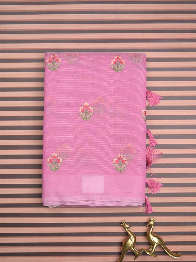 Chanderi fancy saree pink color allover embroidery motifs & kaddi border with short zari pallu and attached plain blouse
