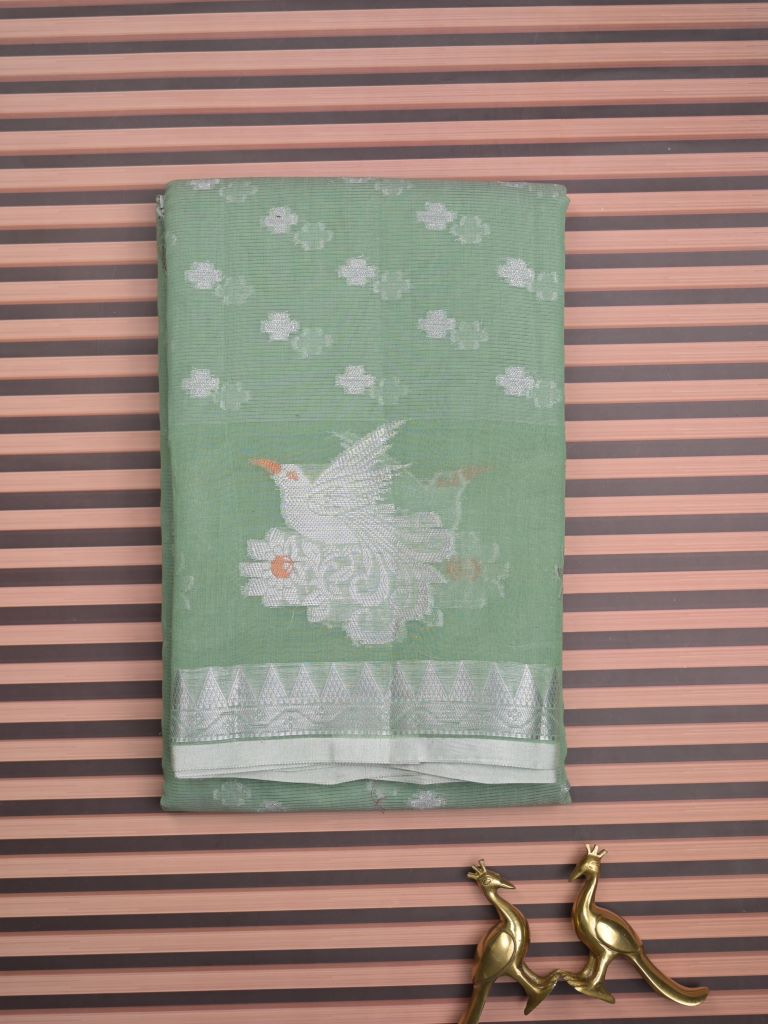 Chanderi fancy saree pista green color allover zari motifs & zari border with short pallu and brocade blouse