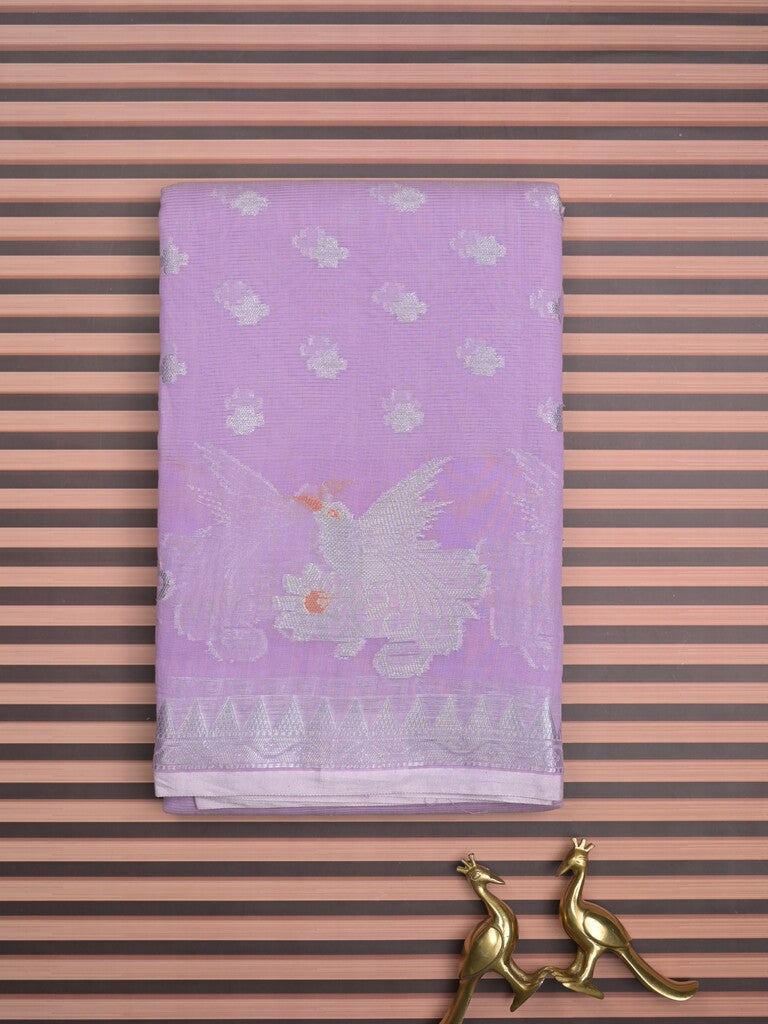 Chanderi fancy saree lavender color allover zari motifs & zari border with short pallu and brocade blouse