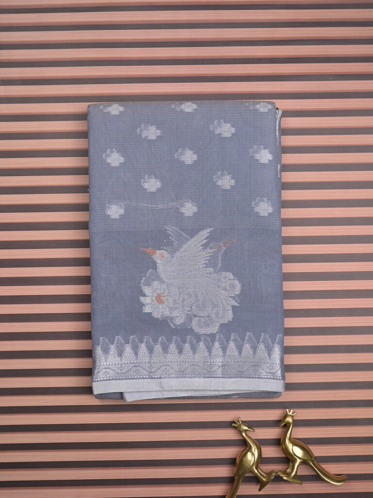 Chanderi fancy saree grey color allover zari motifs & zari border with short pallu and brocade blouse