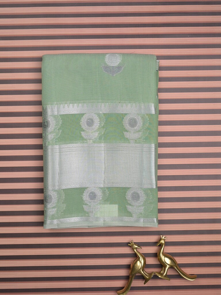 Chanderi fancy saree pista green color allover zari motifs & zari border with short zari pallu and attached plain blouse
