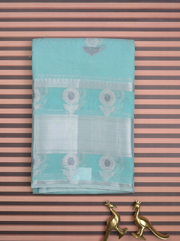 Chanderi fancy saree sky blue color allover zari motifs & zari border with short zari pallu and attached plain blouse