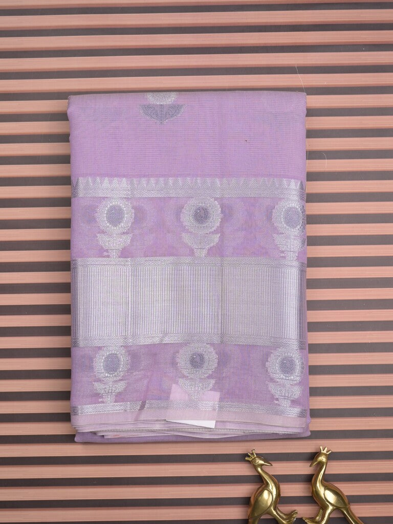 Chanderi fancy saree lavender color allover zari motifs & zari border with short zari pallu and attached plain blouse
