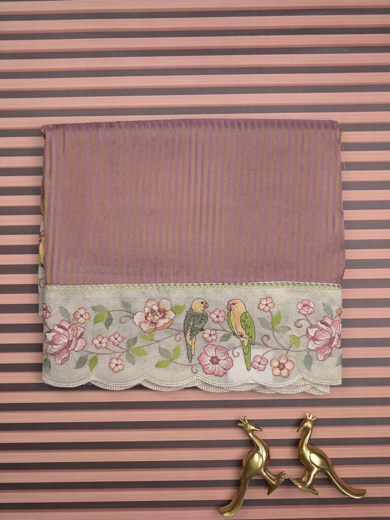 Dola tissue fancy saree brownish pink color allover stripes & embroidery cutwork border with running pallu and plain blouse