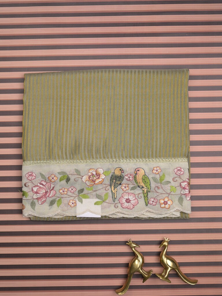 Dola tissue fancy saree olive green color allover stripes & embroidery cutwork border with running pallu and plain blouse