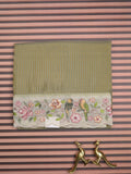 Dola tissue fancy saree olive green color allover stripes & embroidery cutwork border with running pallu and plain blouse