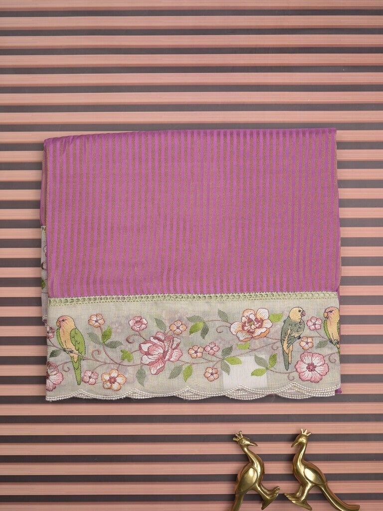 Dola tissue fancy saree purple color allover stripes & embroidery cutwork border with running pallu and plain blouse